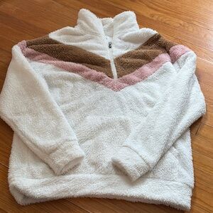 Cozy Women's Fleece Sweater - White, Pink, and Brown